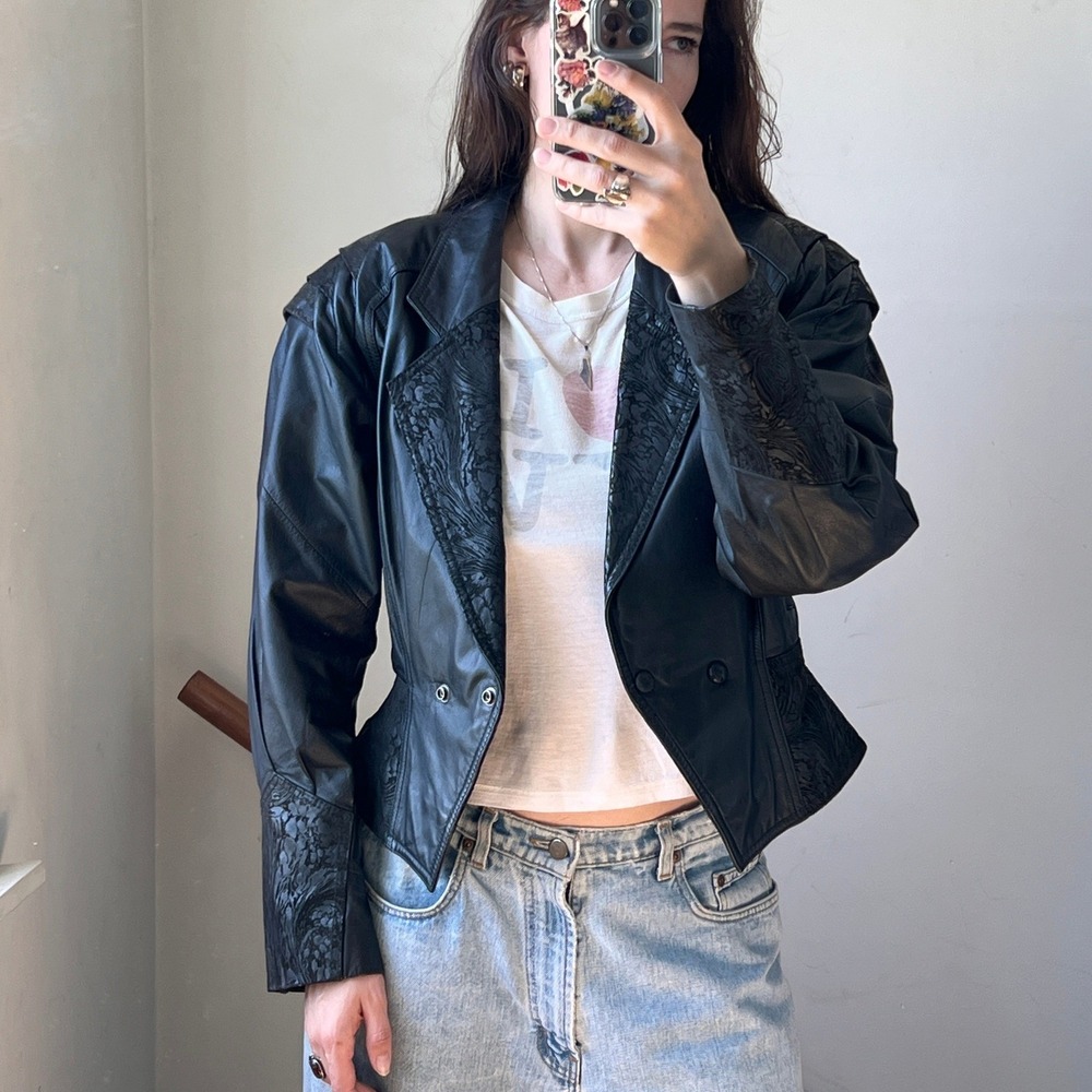 Vintage‎ 80s Leather Jacket Black Avant Garde Cropped Biker Goth Embossed Large